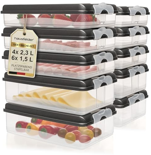 Hausfelder Aufschnittboxen Set 6x 1,5 l + 4x 2,3 l, 20-tlg | flache & große Frischhaltedosen Gefrierboxen für Kühlschrank, Wurst Käse Vorratsdosen Pantry Organizer