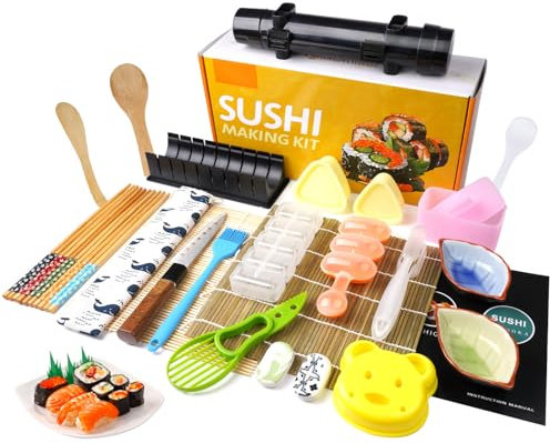 Sushi Making Kit Pro Sushi Maker Tools,Bazooker Roller with Guide Includes Bamboo Mat,Cutting Mold,Sushi Knife,Onigiri Mold,Chopsticks,Sauce Dishes,Rice Spreader&More All You Need DIY Sushi Gift