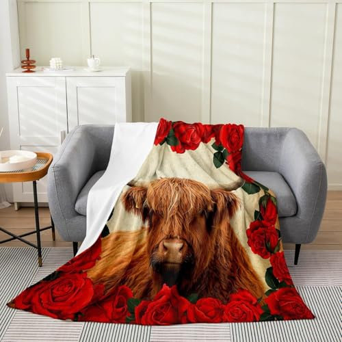 Carbono Kuscheldecke Rote Blume Kuh Extra Weiche Baumwolldecke,Flanell Fleecedecke,Antistatisch,Falten Beständig, Anti-Verfärben,Für Reisen Und Outdoor-Camping