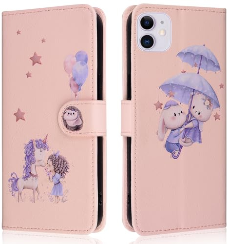 Tiyoo Flip Phone Case for Iphone 11, Premium Magnetic Wallet Case for Phone Protection, Cute Cartoon Pattern PU Leather with Card Slots & Wrist Strap, Shockproof Phone Cover for Women/Girl, Pink