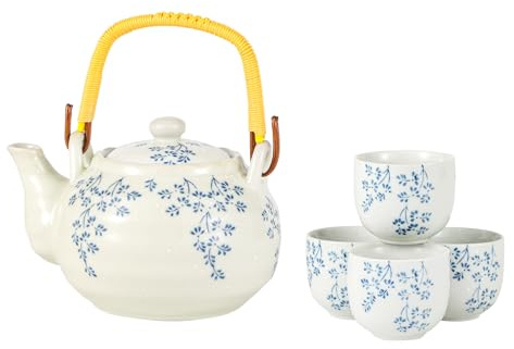 Juego de té de flores japonesas Hana Shidare de 591.5 ml con 4 tazas de té de color blanco y azul