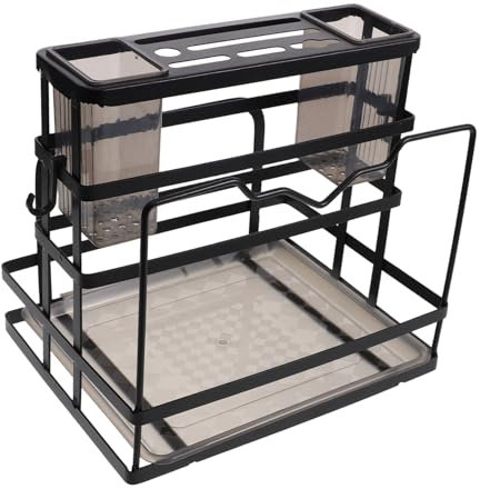 TOPBATHY Elegante Organizer Per Lavello Da Cucina in Acciaio Carbonio Con Supporto Vassoio Per Spugna Dispenser Per Spazzole Nero