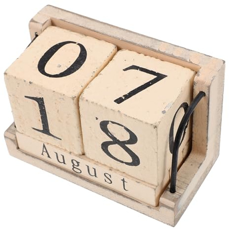 Wiederverwendbarer Tischkalender mit Brandeffekt, Beige | Tischform, Bewegliche Anzeigeteile, Holzständer Inklusive, für Büro und Zuhause