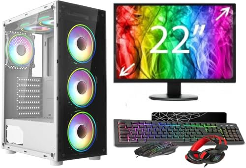 ASC Ryzen Gaming PC Bundle, AMD Ryzen 5 4500, GTX 3050 6GB Graphics, 16GB RAM, 256GB SSD + 1TB HDD, 500W 80+ PSU, WiFi, Windows 11, White 6 Fan RGB Case, 22 Monitor