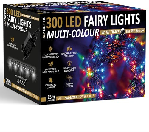 NETTA Christmas Tree Lights 300 LED 15m Fairy String Lights Plug in with Timer and Memory Functions for Outdoor/Indoor Use -Multi Coloured