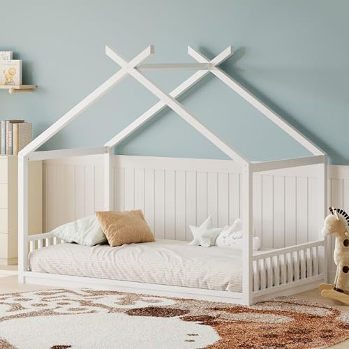 Bellemave Twin Size Montessori Floor Bed with Roof and Guardrails, Wooden House Floor Bed Frame Safety Playhouse, Twin Montessori Bed Frame, Wooden House Bed for Boys, Girls Bedroom, White