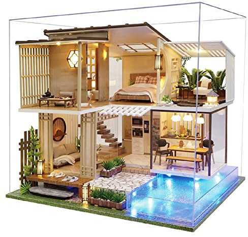 Genérico Kit DIY Casa De Muñecas Miniatura, Muebles De Madera Hechos A Mano, Modelo De Casa para Montar con Caja Musical Y Cubierta contra El Polvo