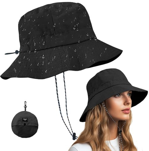Qaestuan Fischerhut, UV Schutz Wasserdicht Fischerhut, Outdoorsonnenhut mit Kinnriemen, Tragbar Faltbarer Fischerhüte, Unisex Verstellbare Sonnenhut, für Wandern Camping Reisen Angeln (Schwarz)