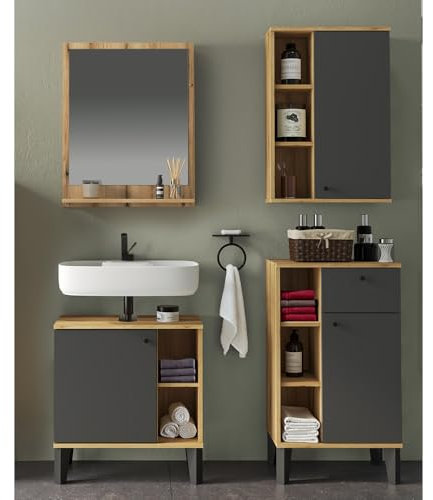 Lomadox Badmöbel-Set 4-teilig mit Waschbeckenunterschrank 60 cm, Spiegel, in Eiche und Grau, modern