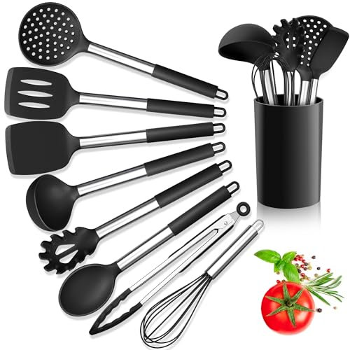 Herogo Kitchen Utensils Set, 9-Piece Silicone Cooking Utensil with Stainless Steel Handle, Heat Resistant Kitchen Cooking Spatula Turner Spoon with Holder, Non-Stick, Easy to Clean - Black