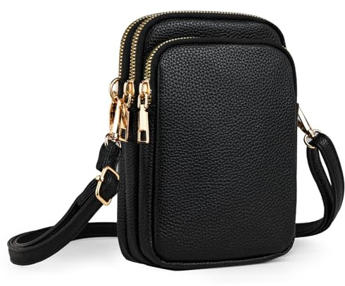 Kommodum - Borsa Donna Tracolla Piccola Mini Borsetta Portacellulare Porta cellulare per telefono Portafoglio Borse Tracolla regolabile e rimovibile km32 (Ecopelle Nero (Cerniera color Oro))