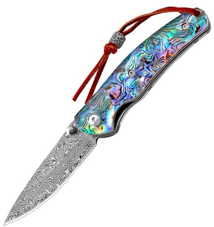Couteau de poche pliant en acier damassé en coquille d'ormeau forgé en acier de Damas - Couteau EDC - Couteau d'extérieur - Petit couteau de chasse tranchant - Couteau de chasse à une main