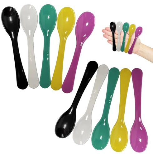 Lot de 10 cuillères à œufs en plastique, petites, avec long manche, pratiques pour la cuisine, le camping, les fêtes, 5 couleurs (bleu, rouge, jaune, vert)