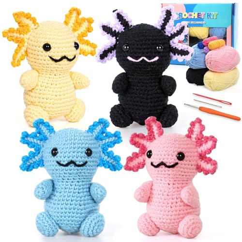 Weldomcor virkningskit för nybörjare, 4 st axolotls virkade djurkit, komplett virkningsstartkit med steg-för-steg-video-självstudiekit för virkade älskare, djurset, nybörjare, virkningskit