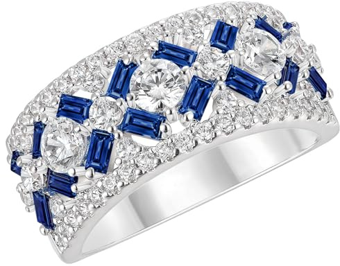 SHELOVES AAAAA CZ Blue Created Sapphire Wide Wedding Bands for Women Anniversary White Gold Ring Size O