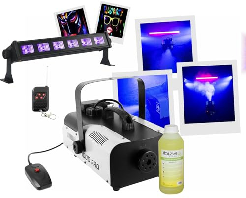 Ibiza - Pack Machine Fumée Professionnelle 1000W BoomToneDJ F1000PRO 2 télécommandes - Barre Lumière noire UV LEDUVBAR6 - Liquide fumée 1L