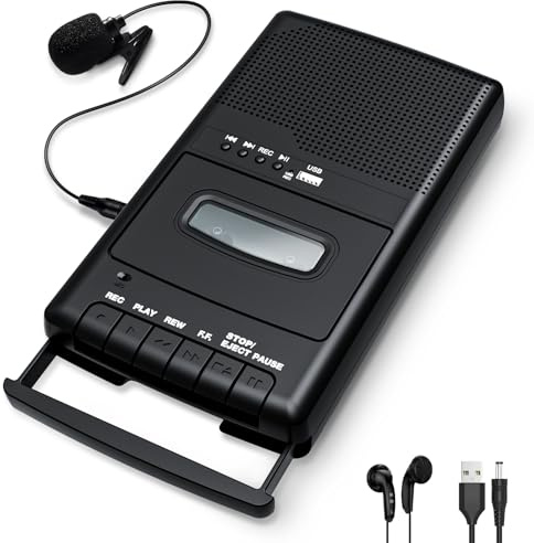 Cassette Player Recorder & Converter,Recording to USB/Tape from Mic, Convert Tapes to WAV Digital via USB Drive, Portable Tape Player with Collar Mic, Retractable Handle, 3.5MM Earphone Jack, REM Port