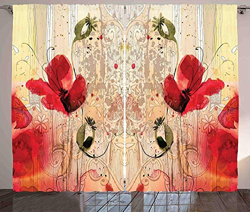 ABAKUHAUS Blumen Rustikaler Gardine, Retro Blumenmuster, Schlafzimmer Kräuselband Vorhang mit Schlaufen und Haken, 280 x 225 cm, Rot Creme