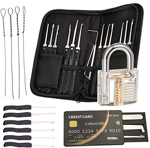 Loboo Idea 17-teiliges Dietrich-Set / Dietrich-Set mit 5-teiligem Kreditkarten-Werkzeugset, zum Entfernen von zerbrochenen Schlüsseln und Trainingsschloss, Lockpicking Schlüssel Extraktor Werkzeug