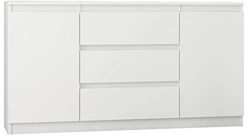 Framire R-140-S3 Kommode in Weiß, Kommode mit 3 Schubladen, 2 Türen, Schrank für Schlafzimmer, Wohnzimmer, Bad, 76 x 140 x 40 cm