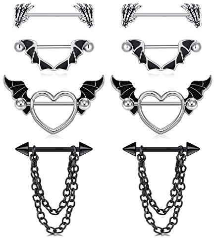 JFORYOU Anneaux de mamelon en acier inoxydable Noir Crâne de chauve-souris Main piercing mamelon bijoux Barbell pour les femmes
