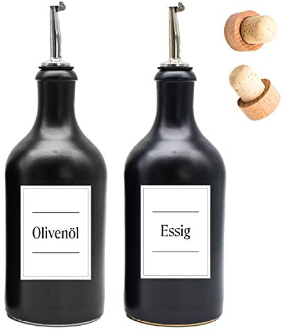Ölflaschen-Set aus Keramik - mit Edelstahl-Ausgießer und Holzkorken wasserfeste Etiketten - 500ml - ideal zum Verschenken - Made in Germany (2er Set), Schwarz