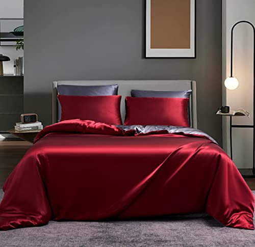 Boqingzhu Satin Bettwäsche 135x200 cm 4Teilig Seide Rot Weinrot Grau Anthrazit Uni Glatt Glänzend Luxus Glanzsatin Wendebettwäsche Set 2 Bettbezüge mit Reißverschluss und 2 Kissenbezüge 80x80cm