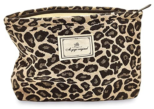 STARDW Leopard Makeup Bag Organizer Cosmetic Bags for Women and Girls,Travel Toiletry Bag Large Capacity Canvas Makeup Zipper Pouch, Purse Organizer Pouches (Brown Leopard)