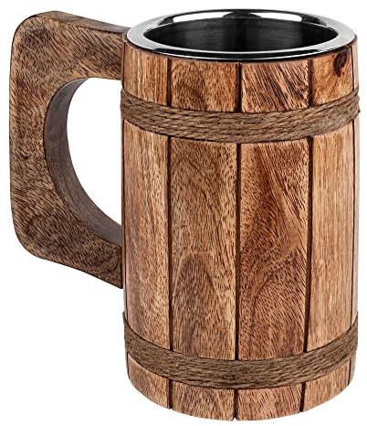 GoCraft Wood Beer Stein – 18oz Stainless Steel Cup – Viking Tankard Mug for Men – Handcrafted Medieval Style Drinking Mug – Great Gift Idea for Him, Home Bar, Father’s Day, Birthday