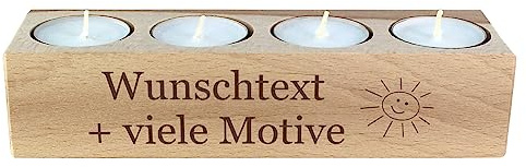 Teelichthalter für 4 Teelichter mit Motiv und Gravur - Holzkerzenständer, Kerzenhalter aus Holz, Deko, Tischdeko Wohnzimmer, individuelle Geschenkidee, 4er Set Kerzen