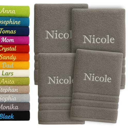 4er Pack Personalisiertes Handtuch und Badetuch mit Namen Schön gestickter Name Handbadetuch 100 % Baumwollhandtuch 2x (50 x 100 cm) + 2x (140 x 70 cm) Personalized Custom Towel with Name (Grau)