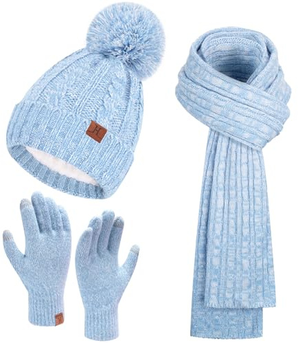 Bequemer Laden Mujeres Invierno Gorro Termico Guantes Tactiles Bufanda Larga Conjunto Punto con Forro Polar Gorros Pompon Regalo Mujer