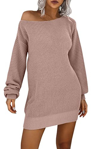 Duohropke Abito autunnale da donna, per leggings, abito in lana, maglione a maglia, abito da autunno, abito invernale, maglione lungo, maglione a maglia, collo alto, a maniche lunghe, mini abito a