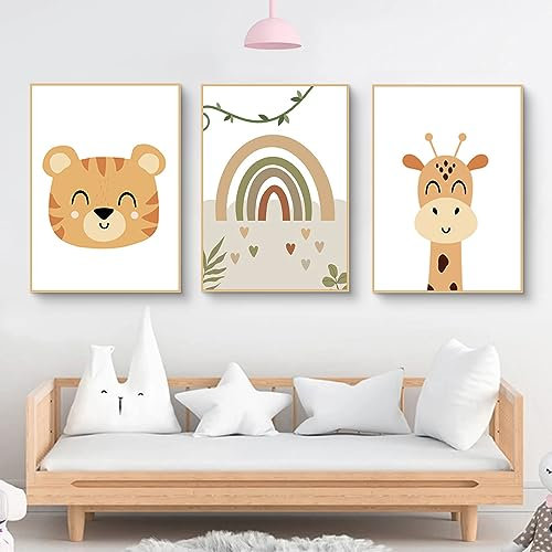Poster Kinderzimmer 3er Set, Regenbogen Cartoon-Tiere Bilder Kinderzimmer, Wandbilder Deko Bilder Kinderzimmer Mädchen und Jungen, Ohne Rahmen (50x70cm)
