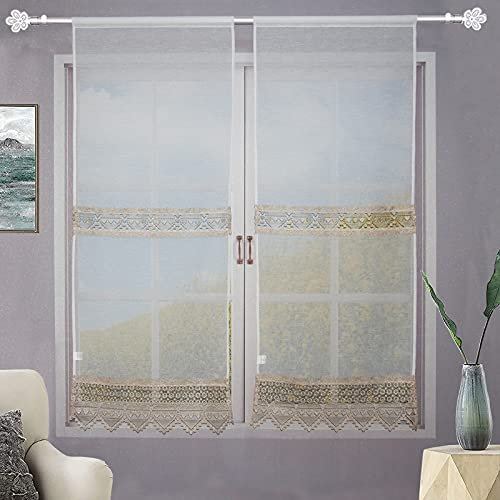 Generico Coppia Tendine Finestra Con Pizzo Ricamato Fiore Tenda Cucina Moderna Lino-Poliestere Shabby Chic Tinta Unita 2 Unità (60X240CM, Amore Beige)