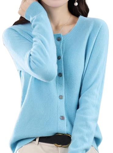 DJFOG Cardigan in cashmere da donna, 2024 cardigan a maniche lunghe in cashmere con bottoni sul davanti, maglione elastico morbido e caldo (blu lago, L)