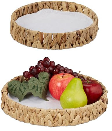 Relaxdays Set 2 Fruteros, Fibra de Jacinto de Agua, Cuencos Redondos para Frutas o Pan, Decoración Estilo Boho, Natural, Vegetal, 5 x 30 cm