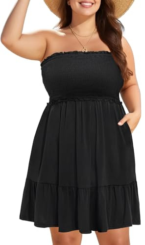 Pinup Fashion Plus Size Swimsuit Cover Ups Women Black Strapless Dress Tube Top Bathing Suit Ruffle Coverup with Pocket