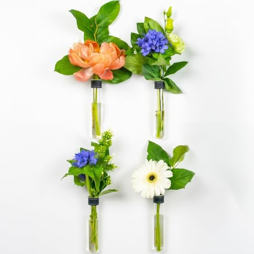 TWILG – Magnetische Reagenzglas-Vasen – Schwarz – 4 Stück | Magnetische Blumenvasen aus Reagenzglas mit Wandhalterung; für Blumen und Innendekoration, mit handgenähtem Lederband