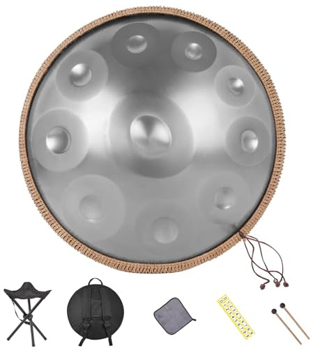 Silver Handpan Drum - 22 Inch D Minor 10 Note 440Hz Steel Hand Drum with Soft Bag, Mallet, Stand - Harmonic Percussion for Sound Healing, Meditation, Yoga