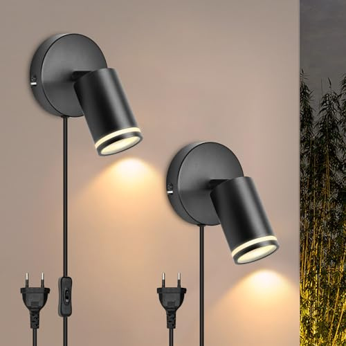 BOYIR 2 Stücke Wandlampe mit Schalter und Stecker Schwenkbar 350° Wandleuchte mit Schalter und Kabel Schwarz Moderne Wandstrahler Innen, GU10 Wand Lampen Schlafzimmer, Wohnzimmer, Ohne Glühbirne