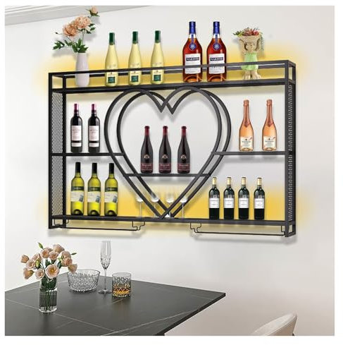 Weinregal Zur Wandmontage, Wandmontierte Weinregal, Bar Einheit Schwebende Regale, Flaschenregal Mit Glashalter, Weinhalter Wand, Moderne Barregale, Flaschenhalter Für Bars Restaurants Küchen(Black,14
