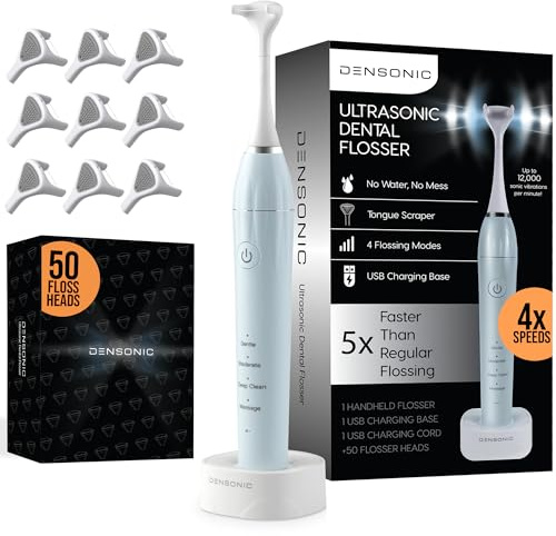 DENSONIC Electric Flosser Kit with Tongue Scraper | No Water, No Mess | Easy Gliding Dental Floss for Gentle Gum Care | Cordless Sonic Power | 50 Replaceable Heads [Celeste Blue]