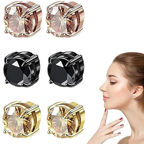 3 Paires Acier Inoxydable Boucles d'oreilles Magnétique Homme Fille Enfant Boucle d Oreille Aimant Sans Trou Boucle d'oreille Clip Non Piercing Diamant Zirconium Ronde Clou Noir, or, or rose 6MM
