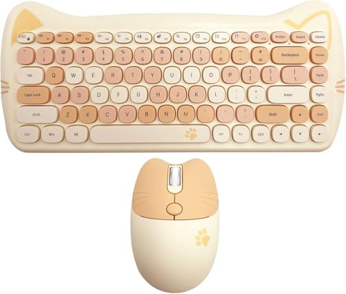 Wireless Mouse and Keyboard Set, Cute Cat Keyboard Mouse Combo for Present, 2.4G Cordless Computer Mice with USB Receiver for Laptop PC MAC (Milk Tea Brown)