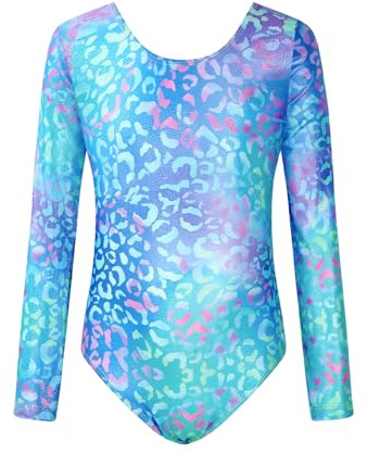 JiAmy Leotardos de gimnasia para niñas, traje de gimnasia de manga larga para niños, traje de gimnasia brillante para baile de 3 a 12 años, Azul Leopard, 3-4 Years