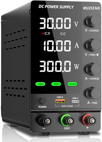 RUZIZAO Bench Power Supply 30V 10A, Adjustable Regulated DC Power Supply with OCP/OVP, Output Switch and Encoder Knob, Lab Variable Switching Power Supplies with USB-A/Type-C 18W Quick Charge Port