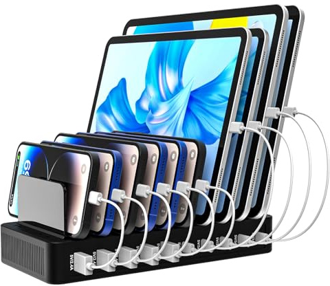 RISWOJOR Charging Station for Multiple Devices,100W 10-Port Multi USB Charger with Power Switch,Adjustable Dividers and Type-C 3A for iPhone Galaxy iPad Tablet(Short Cables Not Included)