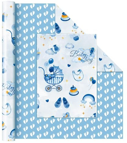 WERNNSAI Baby Geschenkpapier – 1 Rolle Blaues Geschenk Papier Geburtstag Geburt Baby Junge Geschenk Deko Geburtstags Babyparty Dekoration 43cm x 10m