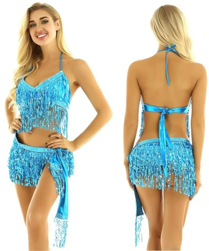 Top Danza del Vientre Disfraz 2 piezas de sujetador con borlas de lentejuelas brillantes for mujer, traje de danza del vientre, cuello halter y espalda con lazo, falda envolvente con bufanda en la cad